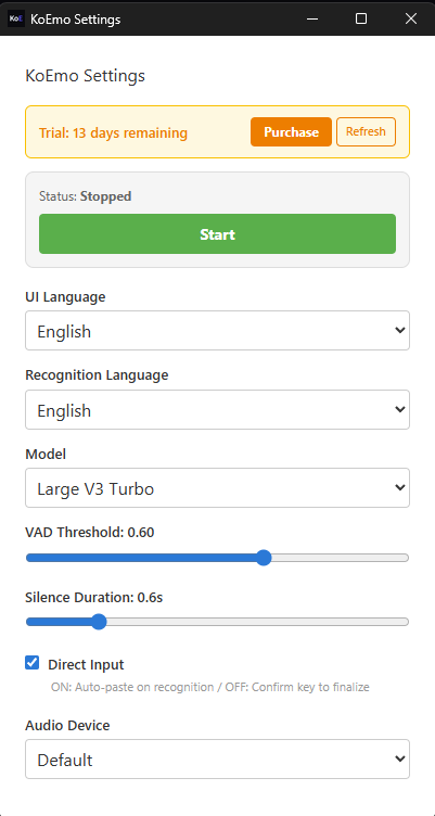 KoEmo settings window (initial state)