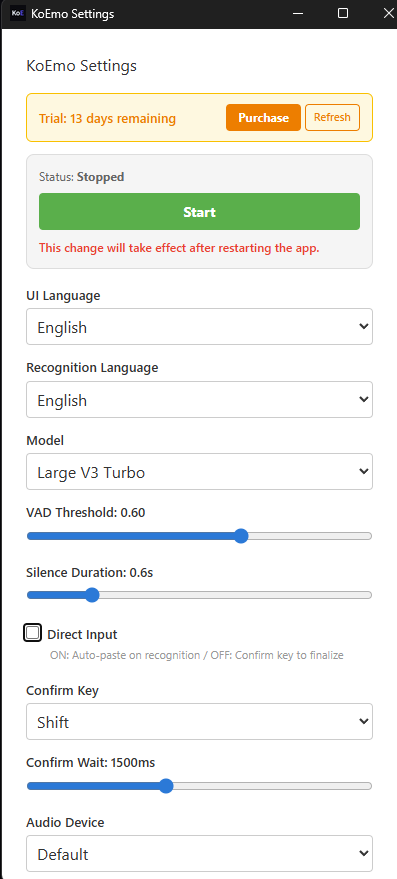 Settings window with Direct Input OFF