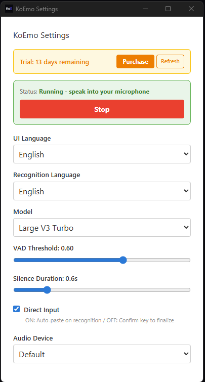 Settings window while running